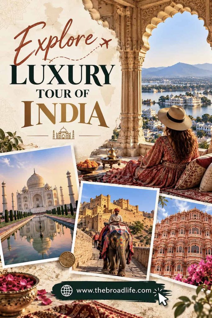 Luxury tour of India travel poster featuring the Taj Mahal, Rajasthan forts, Hawa Mahal, and a traveler overlooking Lake Pichola, with The Broad Life website URL